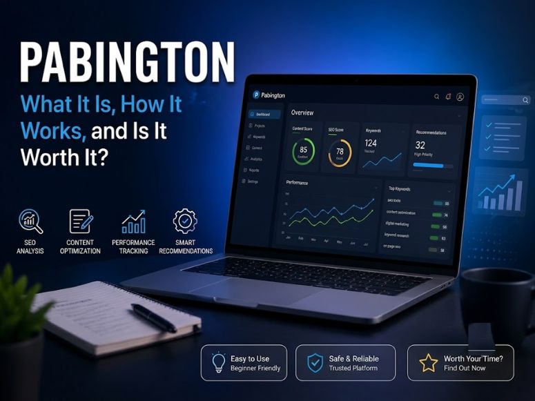 A laptop displaying a modern marketing dashboard with SEO scores, performance graphs, and keyword data. On the left, the "PABINGTON" title and marketing step icons are visible.
