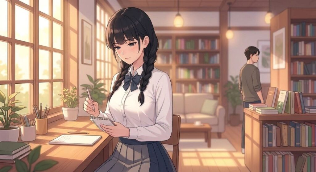 Nozomi as an anime school girl writing in a notebook near a sunlit library window, showcasing safe search habits and pepper0 rule 34 study guide standards.