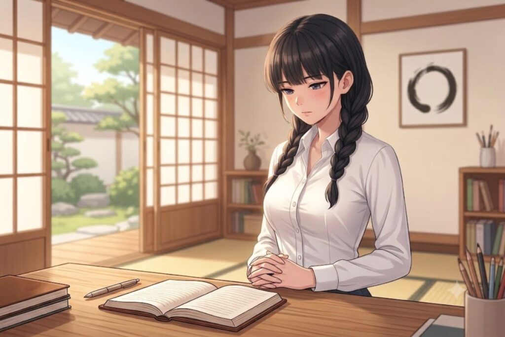 Nozomi in a traditional Japanese-style study room with pigtails, sitting at a desk with an open notebook, representing clean character designs within the pepper0 rule 34 community guides.