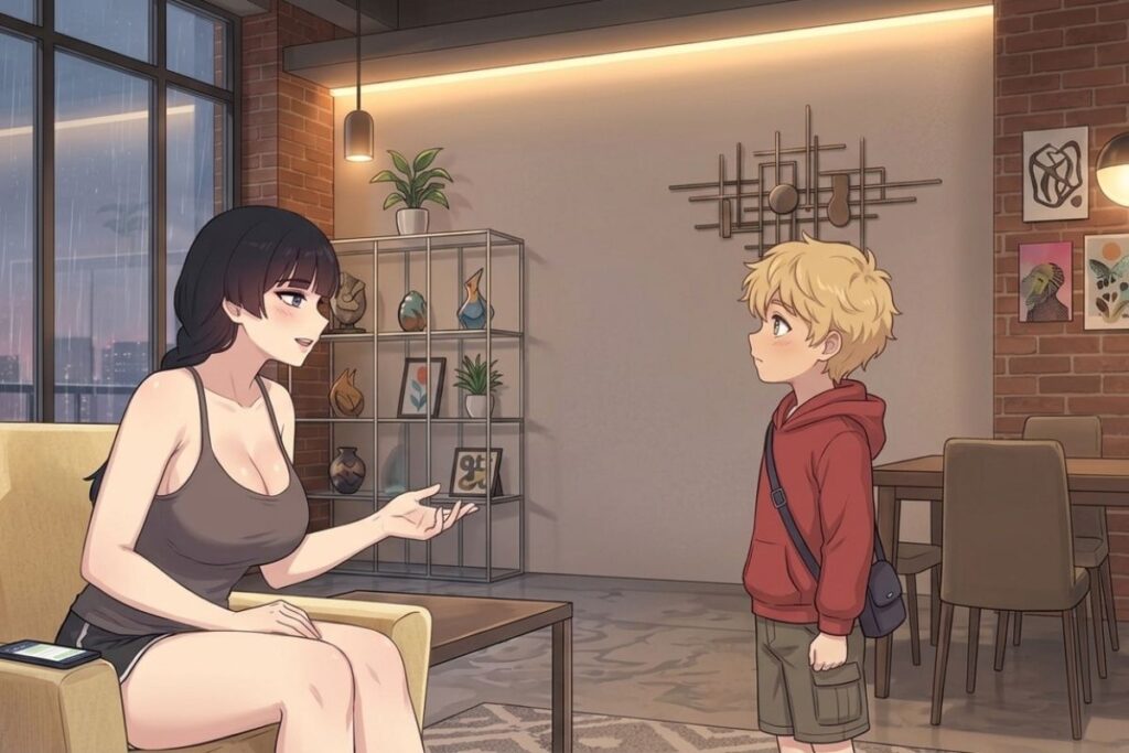 Nozomi's mother talking to a young blonde boy in a cozy apartment, demonstrating safe and family-friendly visual guidelines within the pepper0 rule 34 research topics.