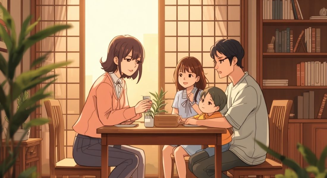 Horizontal anime-style digital illustration showing a family of four sitting around a wooden dining table in a sunlit room with shoji screen windows, featuring a woman in a pink cardigan, a man with glasses, a young girl, and a toddler enjoying a warm domestic moment together.