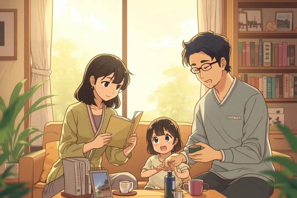 Horizontal anime-style digital illustration showing a cozy family moment in a sunlit living room, featuring a dark-haired woman holding a book, a cheerful young girl in the middle, and a man with glasses holding a teacup near a wooden table surrounded by plants and bookshelves that shoes the pepper0 family series