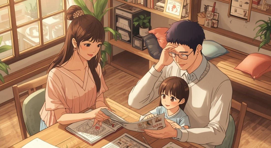 Pepper0 family manga characters reading book in cozy living room with soft warm ambient lighting
