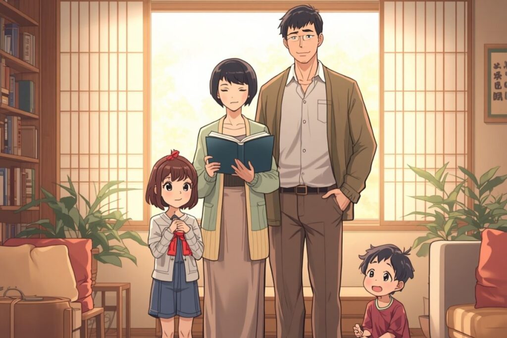 Pepper0 Family (1-40) {Ongoing} manga portrait showing parents with their young daughter Nozomi and little son in a living room