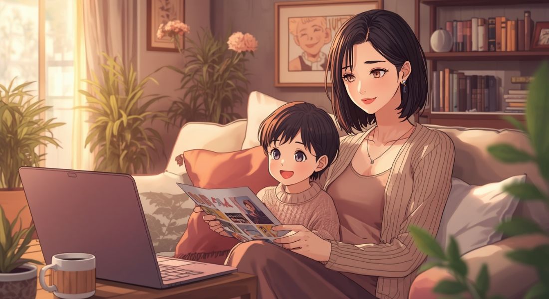 A young boy looking at a drawing tablet with a woman.