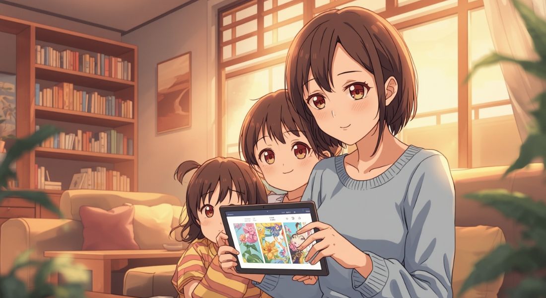Pixiv-style anime illustration of a mother and her two young children sitting in a sunlit living room while looking at colorful artwork on a digital tablet.