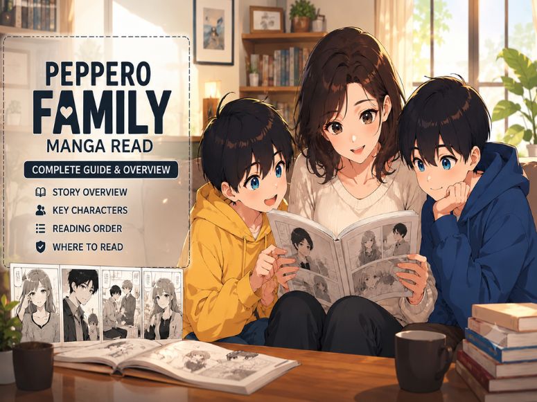 Pepper0 Family Manga Read complete guide banner featuring anime characters reading a manga book together with guide highlights like story overview and reading order.