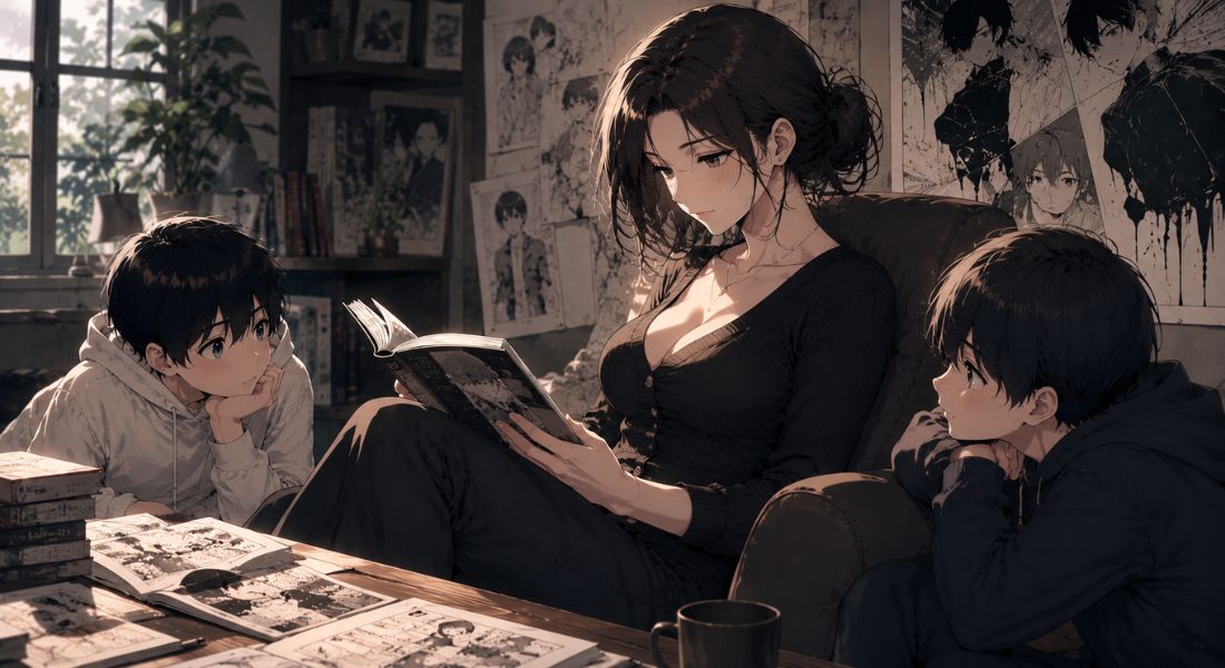 Anime illustration of a dark-haired woman reading a Pepper0 komik book aloud to two young boys in a atmospheric room with sketches on the wall.