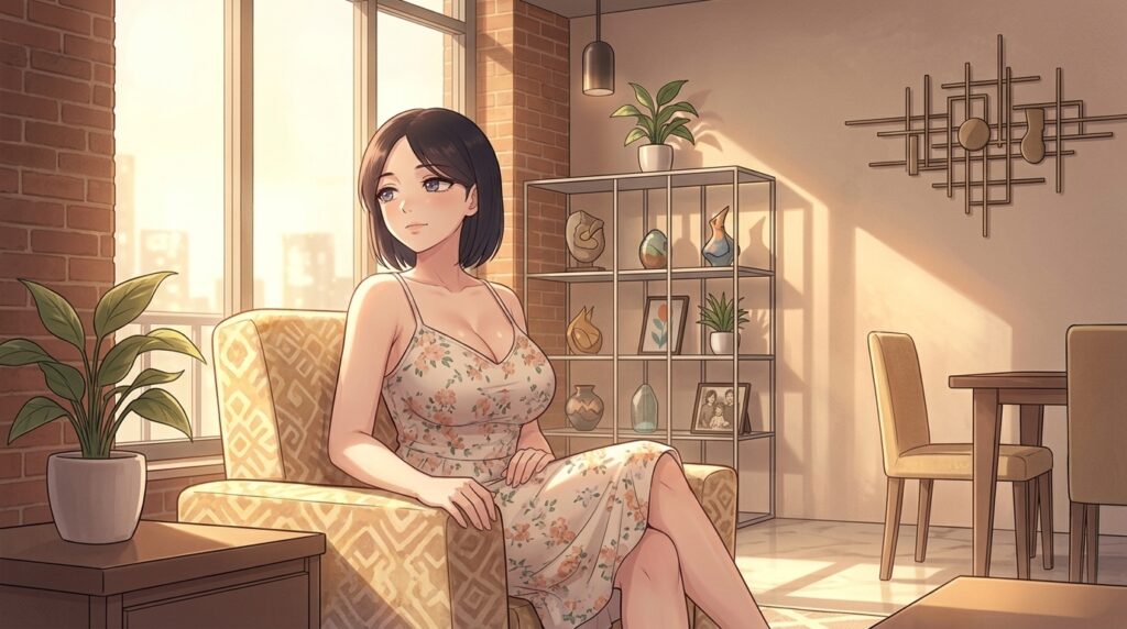 Nozomi's mom wearing a floral summer sundress in a brightly lit modern loft apartment, representing safe browsing content within the pepper0 rule 34 safe-for-work guidelines.