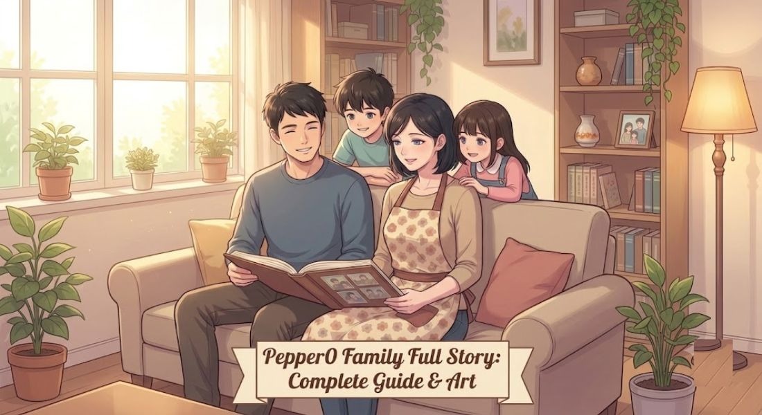 Anime style illustration of the Pepper0 family full story showing characters sitting on a sofa looking at a photo album in a cozy sunlit room.