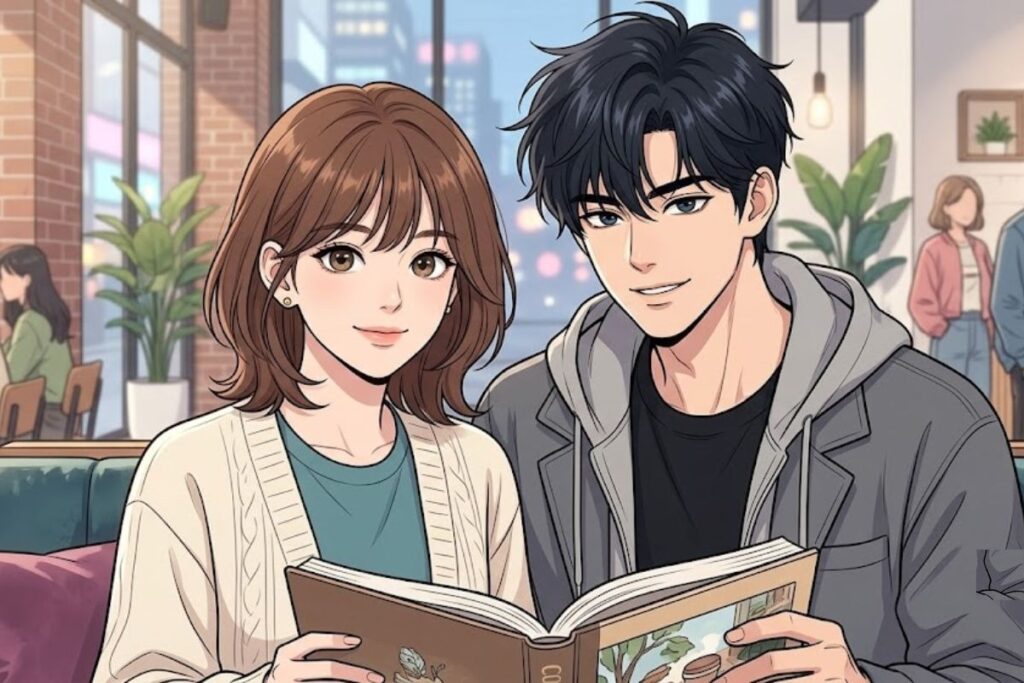 Anime style digital art illustration showing Nozomi and a male character sitting together on a sofa inside a cozy coffee shop, holding and looking into an open art book with soft lighting and brick wall aesthetics in the background.