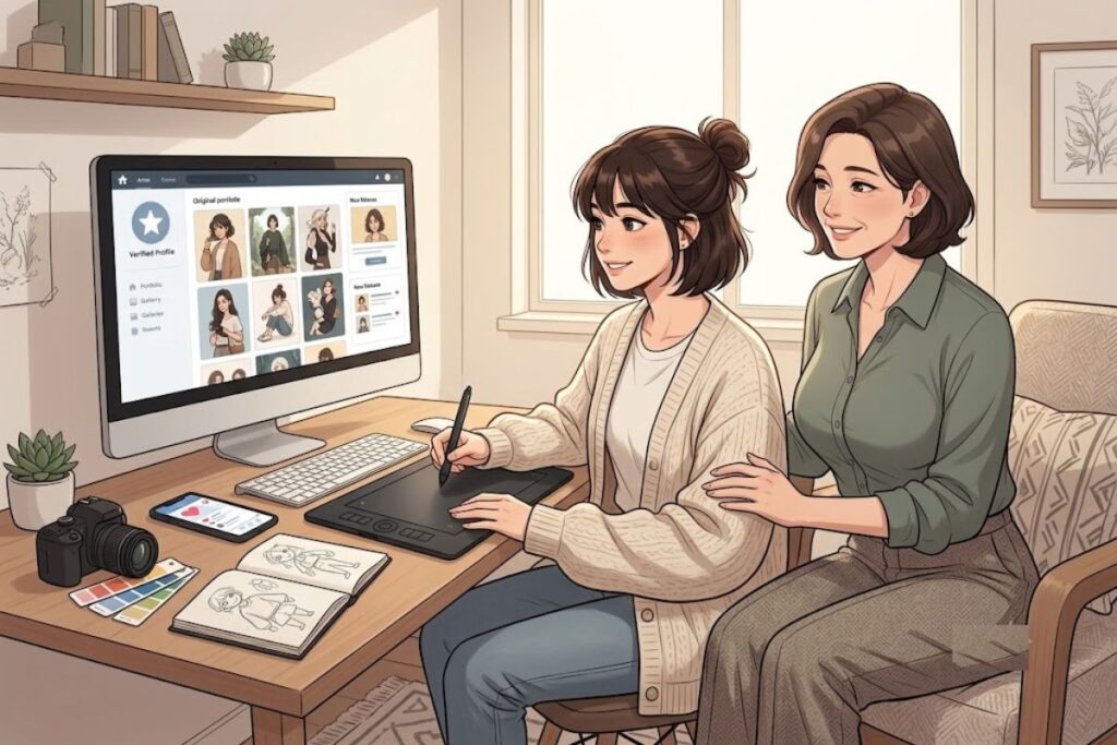 Anime illustration of Nozomi using a digital drawing tablet at her desk while her mother looks on smiling, with an art portfolio displayed on the computer monitor.