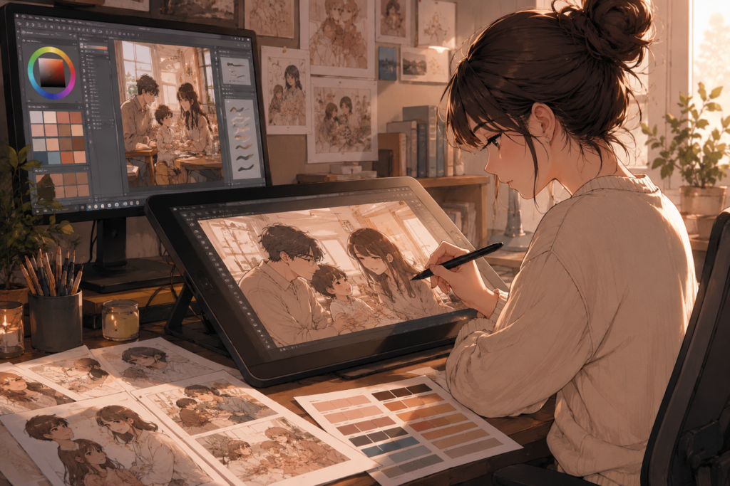 A side-by-side webtoon-style illustration of a woman with a black bob haircut sitting in an armchair inside a cozy, modern studio apartment at night.