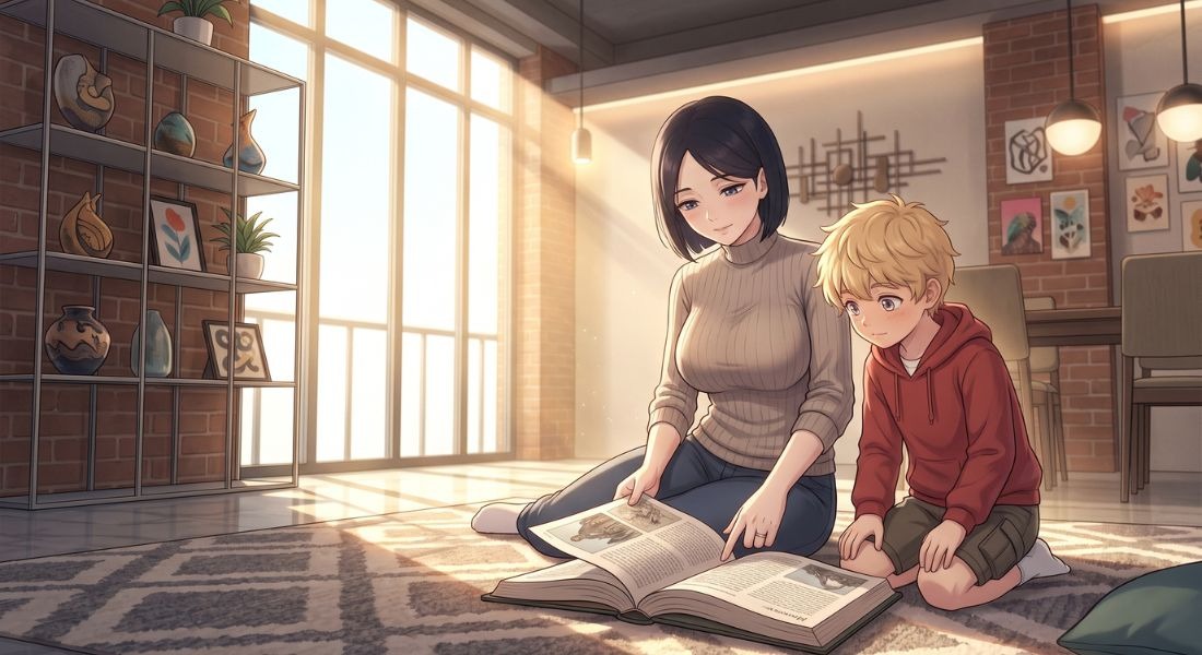 Anime style digital illustration showing the character Nozomi and a young blonde boy reading a large open book together while sitting on a rug in a modern loft apartment with big windows and ambient light.