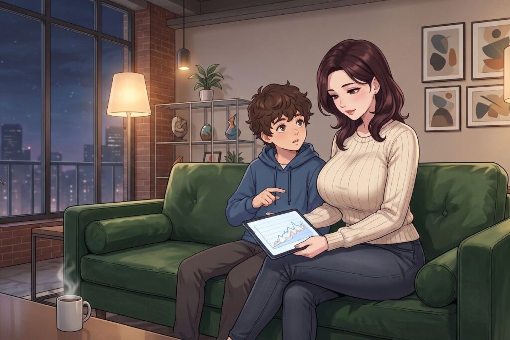 Anime style digital illustration showing a woman in a cream sweater and a young boy sitting together on a green sofa, looking at a digital tablet with line charts on the screen in a modern apartment at night.