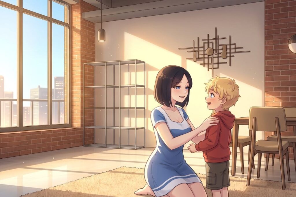 Anime style digital illustration showing the character who is pepper0 Nozomi in a blue dress kneeling on a rug and talking to a young blonde boy in a red hoodie inside a sunlit modern apartment with large windows.