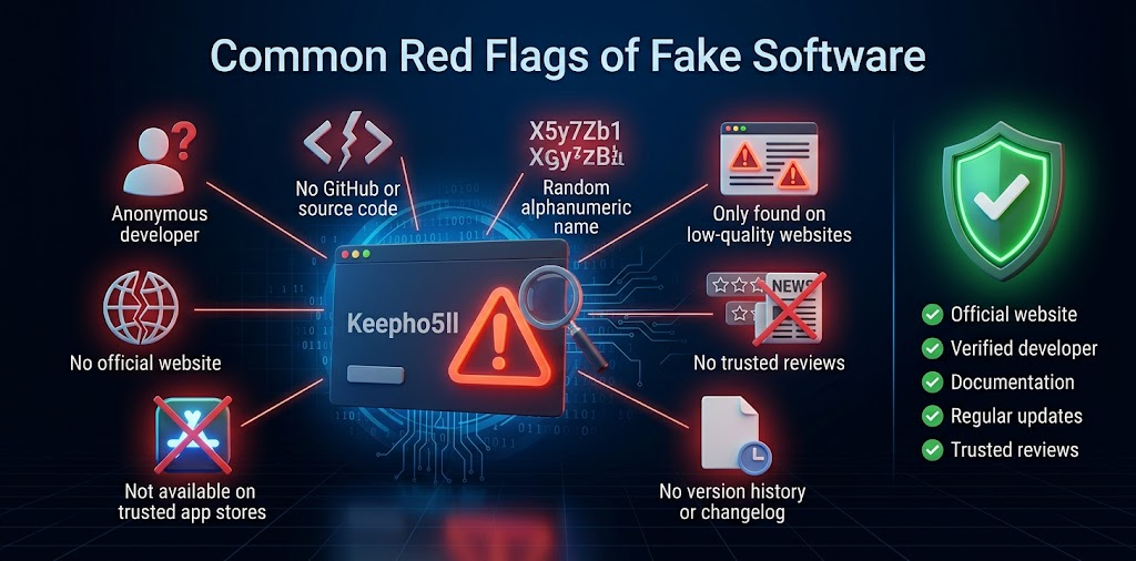 Infographic titled Common Red Flags of Fake Software highlighting warning signs like anonymous developers, missing source code, random alphanumeric names, and lack of trusted reviews compared to safe software traits.