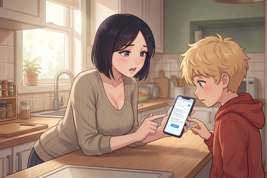 Anime style digital illustration showing the character Nozomi in a beige sweater leaning over a kitchen counter, showing a smartphone screen to a young blonde boy in a red hoodie.