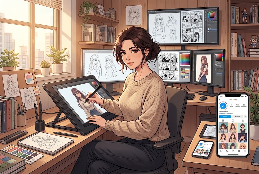 A young girl focused on drawing a creative sketch in Pepper0 art style