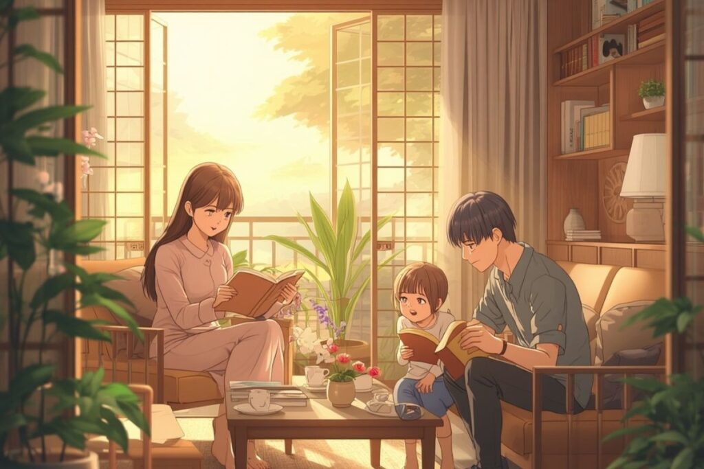 Horizontal anime-style digital illustration of a family reading books together in a sunlit living room with open balcony doors, featuring a woman in a long-sleeved dress, a young girl, and a man seated on cozy armchairs surrounded by warm golden lighting and indoor plants.