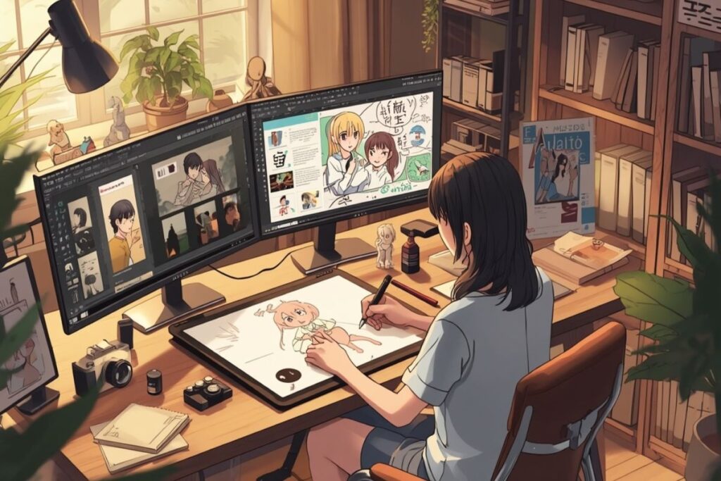 Horizontal anime-style digital illustration showing a female artist working at a detailed studio desk with dual monitors and a drawing tablet, creating anime artwork surrounded by bookshelves, cameras, and warm window light.