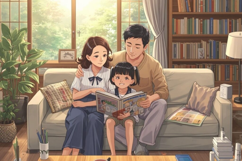 Pepper0 family manga characters sitting on a couch reading a picture book in a sunlit living room