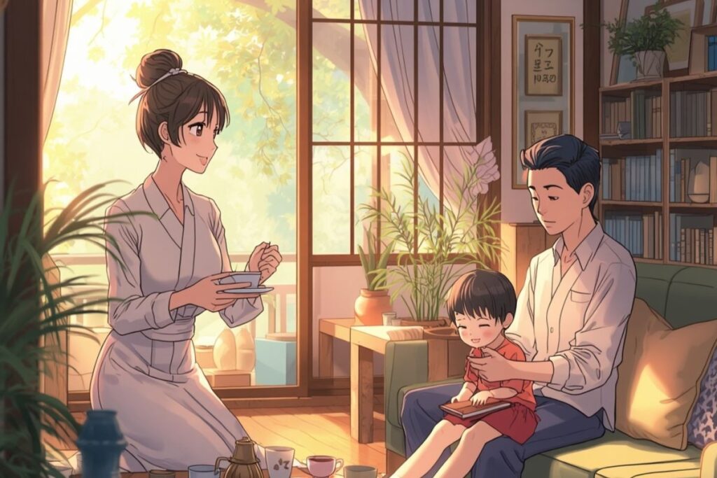 Pepper0 family manga characters enjoying afternoon tea and cozy moment near a sunlit balcony