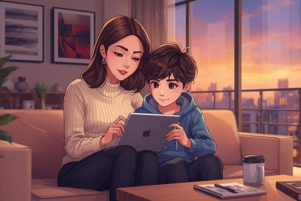 Anime style illustration of a mother and young boy looking at a digital tablet together on a couch during sunset.