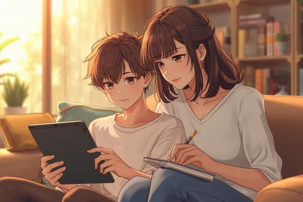Anime style illustration of a boy holding a tablet while a woman takes notes in a notebook next to him.