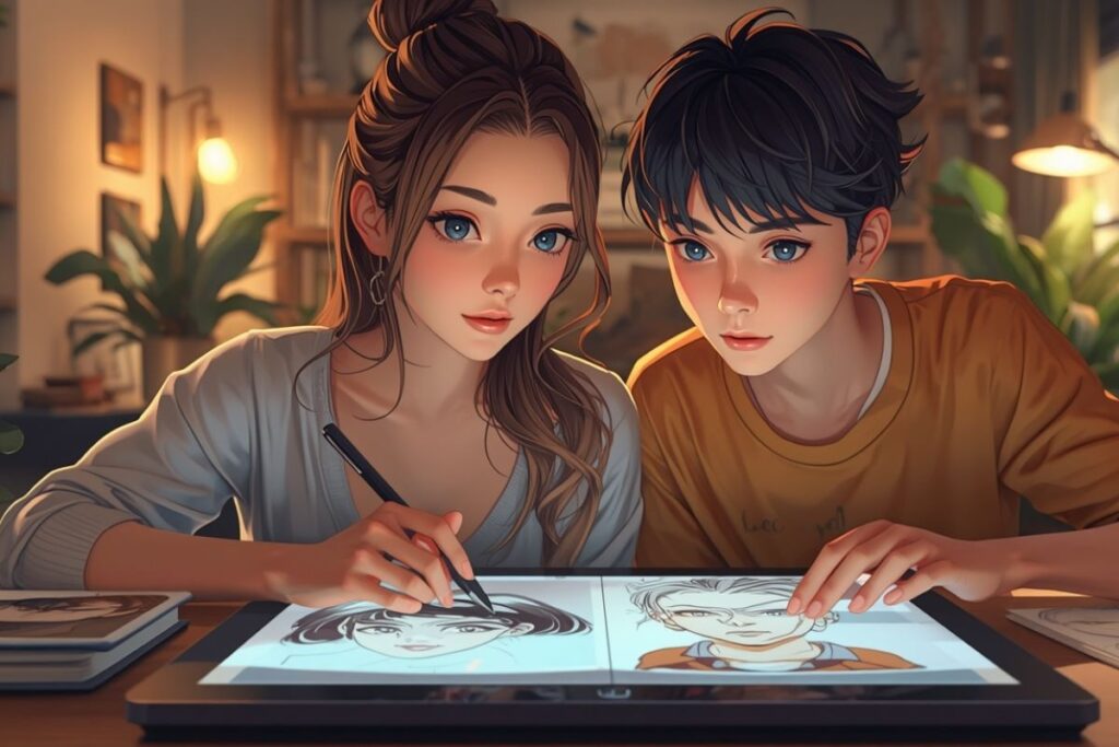 Anime style pepper0 fanbox illustration of two young artists drawing anime portraits together on a graphic tablet.