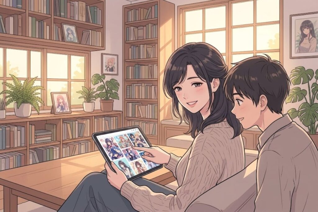 Anime family enjoying art portfolio on a tablet in a sunny living room.