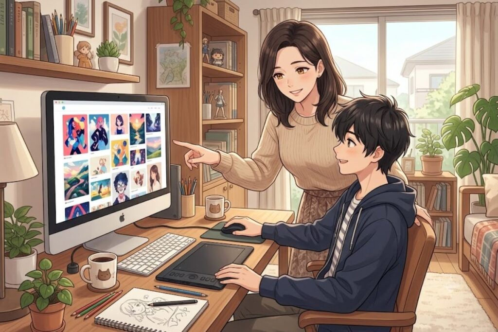 Anime illustration of a woman pointing at a digital art portfolio on a computer screen for a boy to see pepper0 pixiv art.
