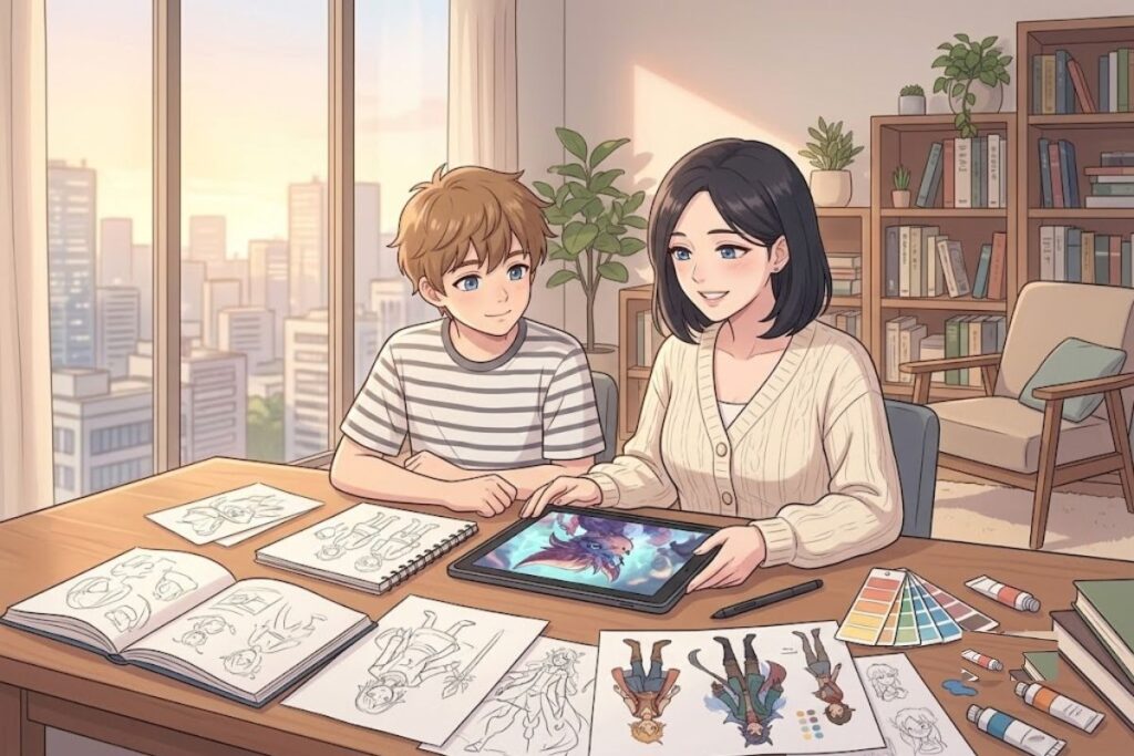 Anime illustration of a woman showing digital art on a tablet to a boy surrounded by sketchbooks.
