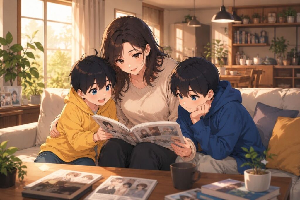 Anime-style illustration of a mother sitting on a couch reading a Pepper0 family manga book with two young boys in a brightly lit living room.