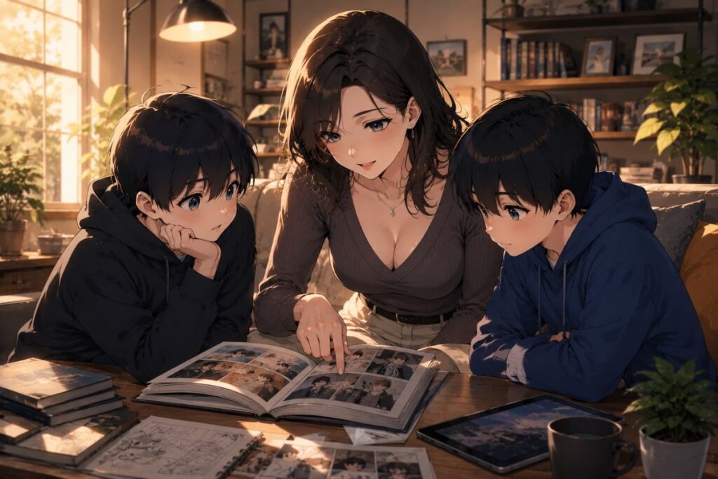 Anime illustration showing a woman and two boys analyzing a physical copy to prepare for their pepper0 family manga read, with a tablet displaying digital panels nearby in a cozy, sunlit room.
