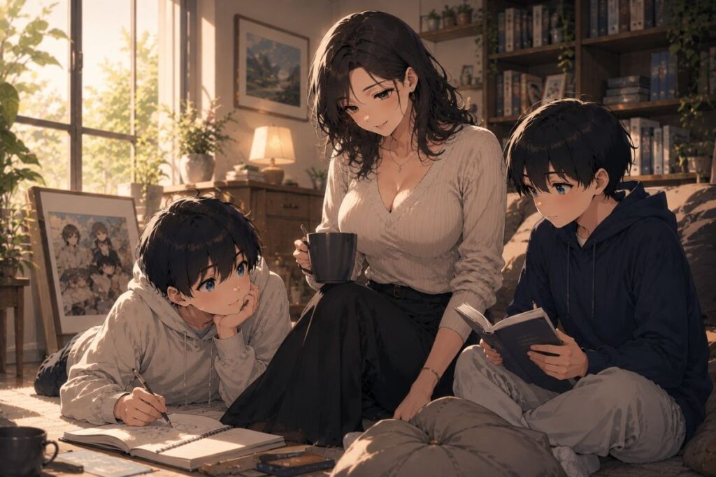 Anime artwork showing a family relaxing together in a cozy living room while taking notes for a pepper0 family manga read guide session.