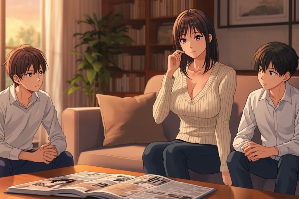 Anime style artwork of a woman sitting on a couch between two young men while having a serious conversation over an open pepper0 komik volume on the table.