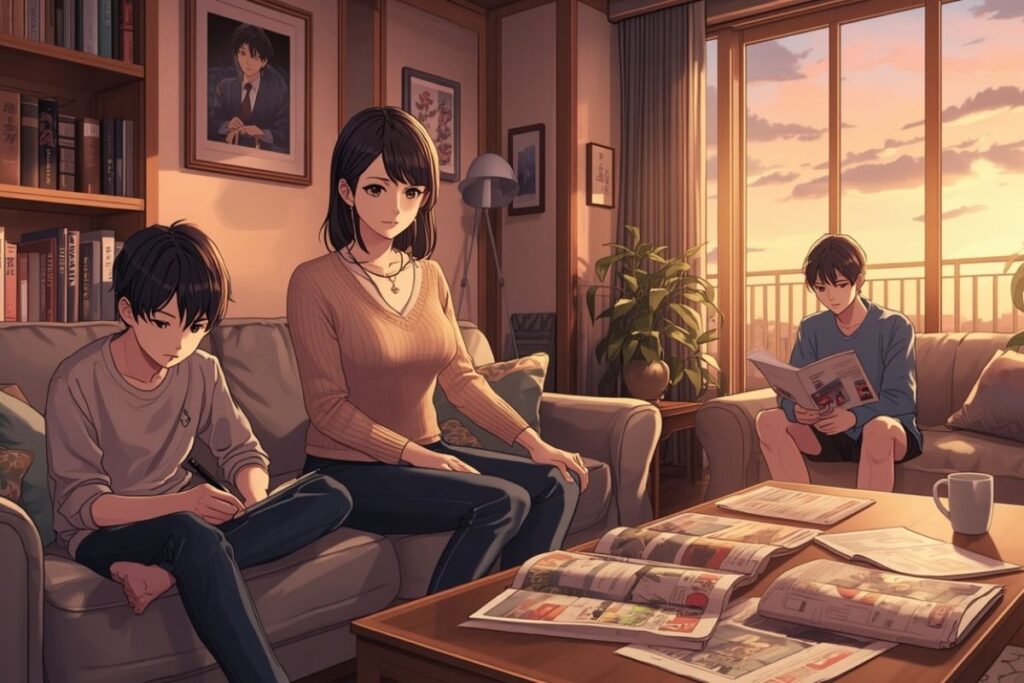 Anime style artwork of a family sitting in a cozy living room during sunset, reading and taking notes on a pepper0 komik edition with open panels on the coffee table.