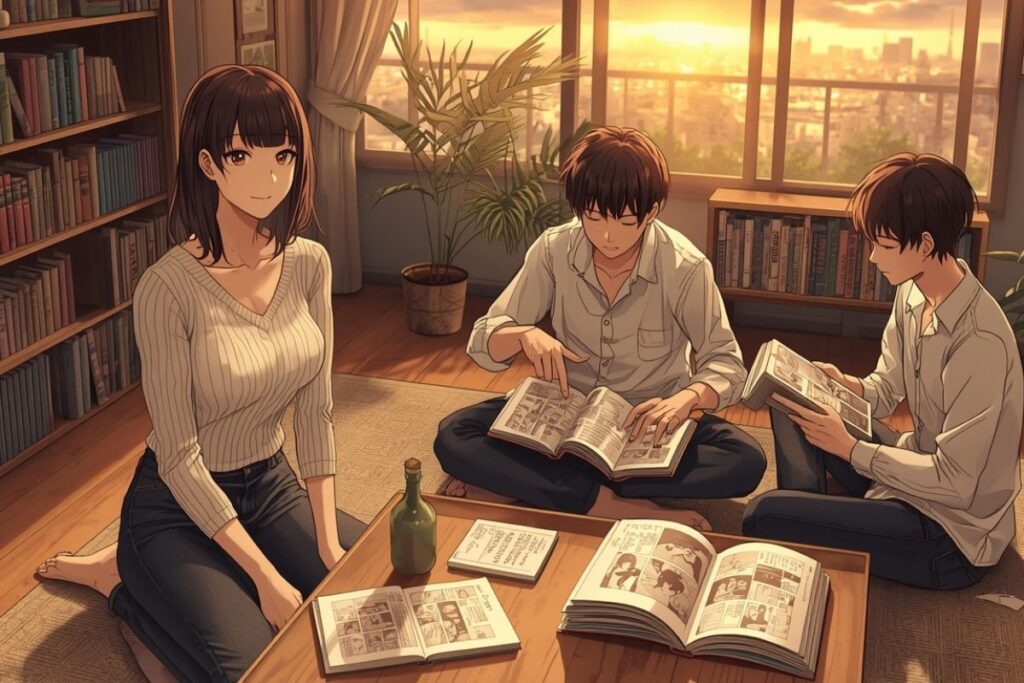 Anime style illustration of a woman and two young men sitting on the floor of a study at sunset, reading and discussing a pepper0 komik, with open manga volumes and other notes spread out on a low coffee table.