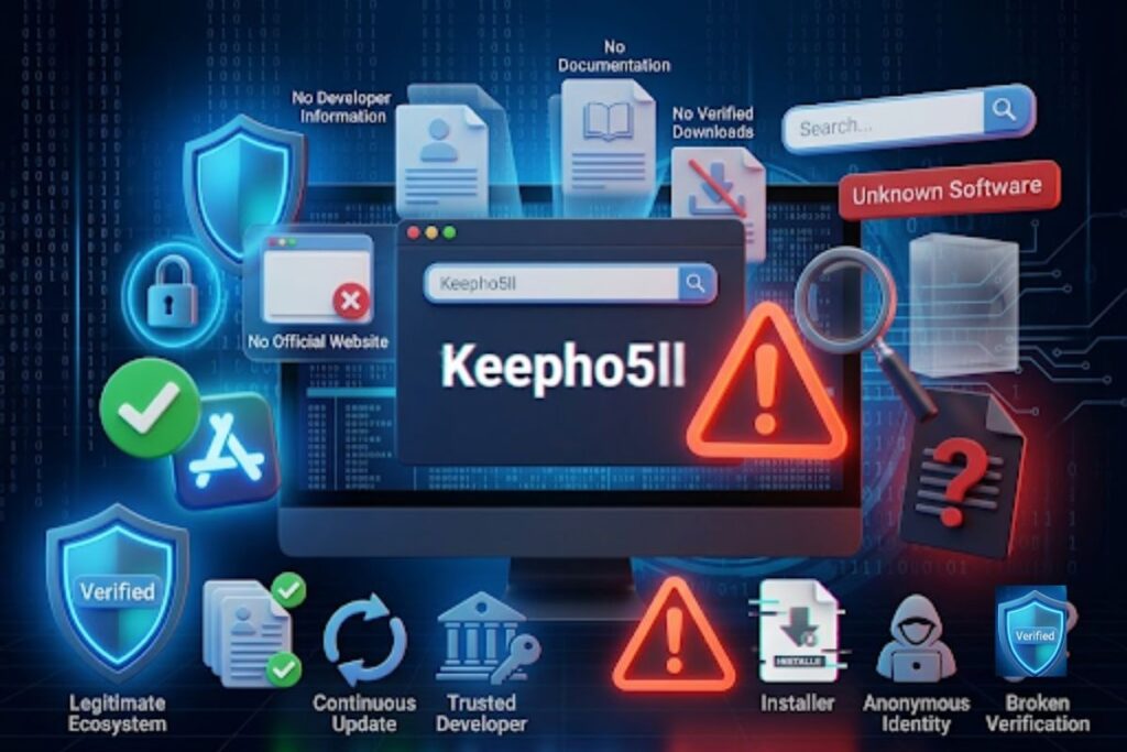 Digital security dashboard graphic titled software Keepho5ll Risk Snapshot showing a computer screen with multiple red warning crosses for missing developer identity, official website, and trusted reviews alongside a high-risk gauge meter.