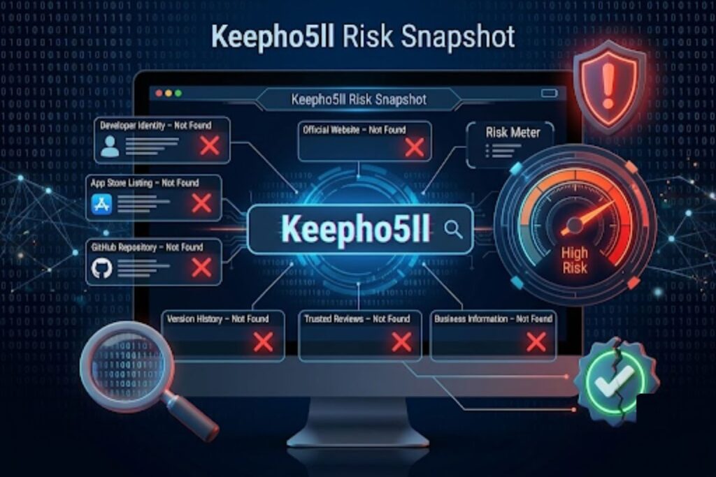Cybersecurity assessment graphic titled Keepho5ll Risk Snapshot depicting a computer monitor with red cross warning indicators for unverified developer identity, missing app store listings, and a high risk gauge meter.