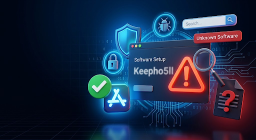 3D digital illustration showing a software installation security warning window with a large red exclamation mark triangle, flanked by green verified app icons on the left and red unknown software malware symbols on the right.