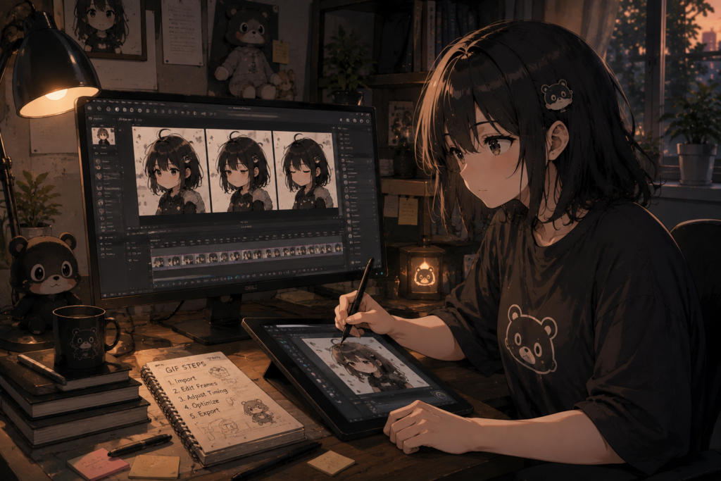 Anime artist editing a GIF frame sequence on a computer and graphics tablet