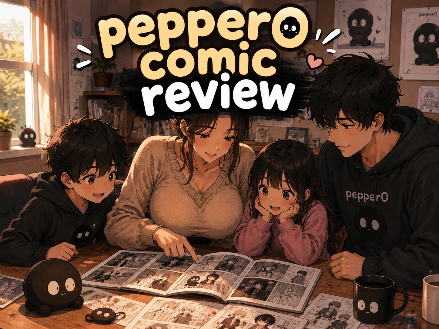 pepper0 comic review banner showing anime family reading graphic novel together at wooden table