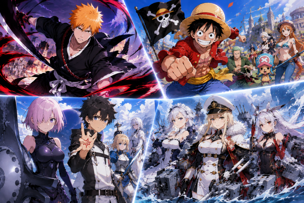 Four panel collage of popular anime mobile games featuring Ichigo Kurosaki, Monkey D Luffy with Straw Hat Pirates, Fate Grand Order heroes, and Azur Lane naval shipgirls.
