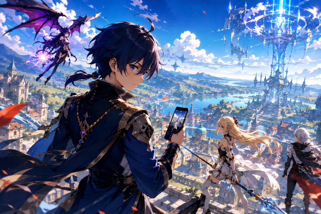 Blue haired anime hero holding smartphone overlooking sprawling fantasy city with magic tower and party members