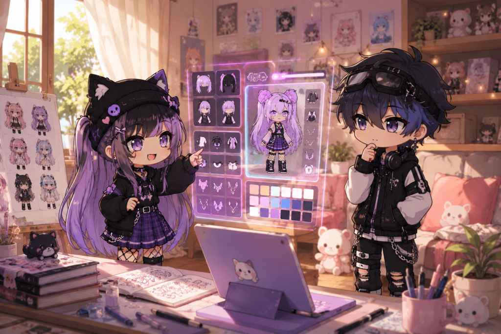 Cute Gacha Life characters customizing an anime avatar using a glowing digital UI interface