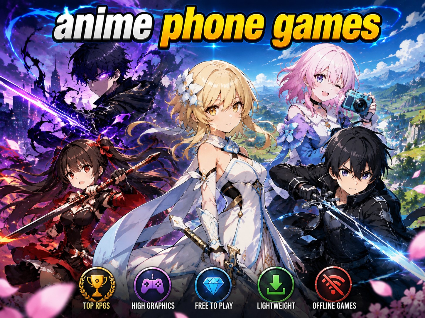 best anime phone games banner featuring lumine march 7th sung jinwoo and kirito