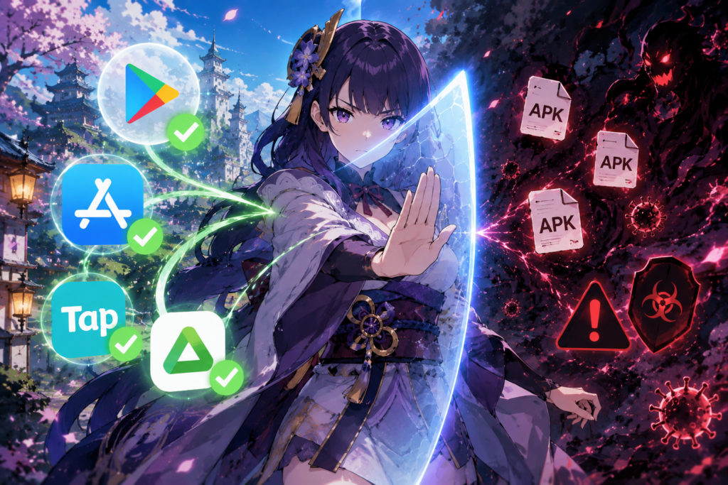 Raiden Shogun anime character shielding official app stores like Google Play and App Store from risky third party APK files