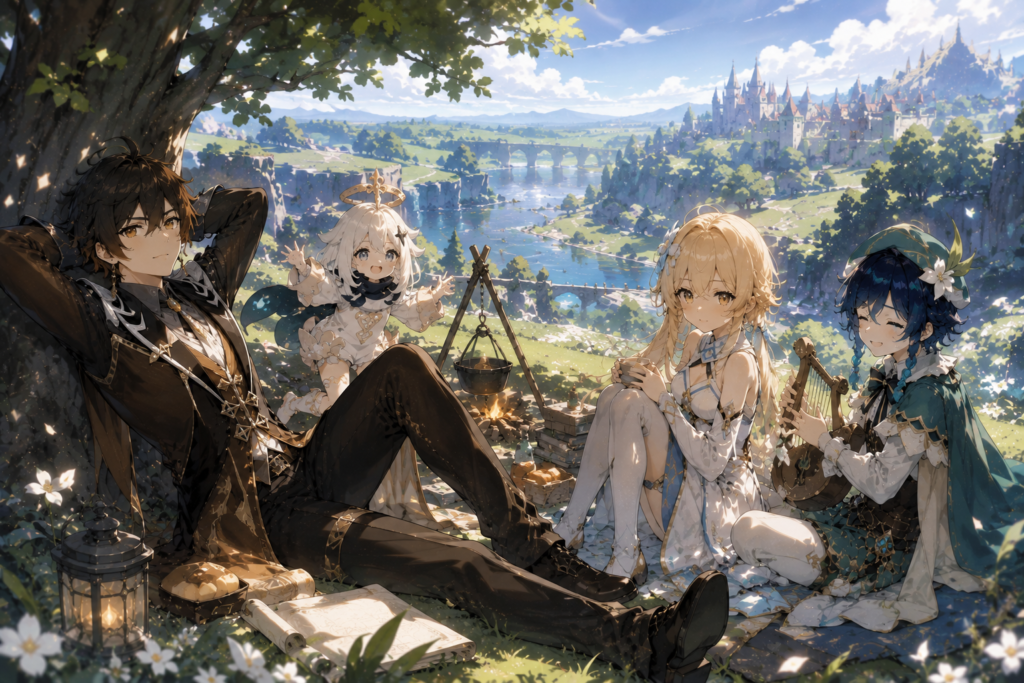 Anime gacha characters relaxing at a peaceful picnic near a tree with a scenic castle background
